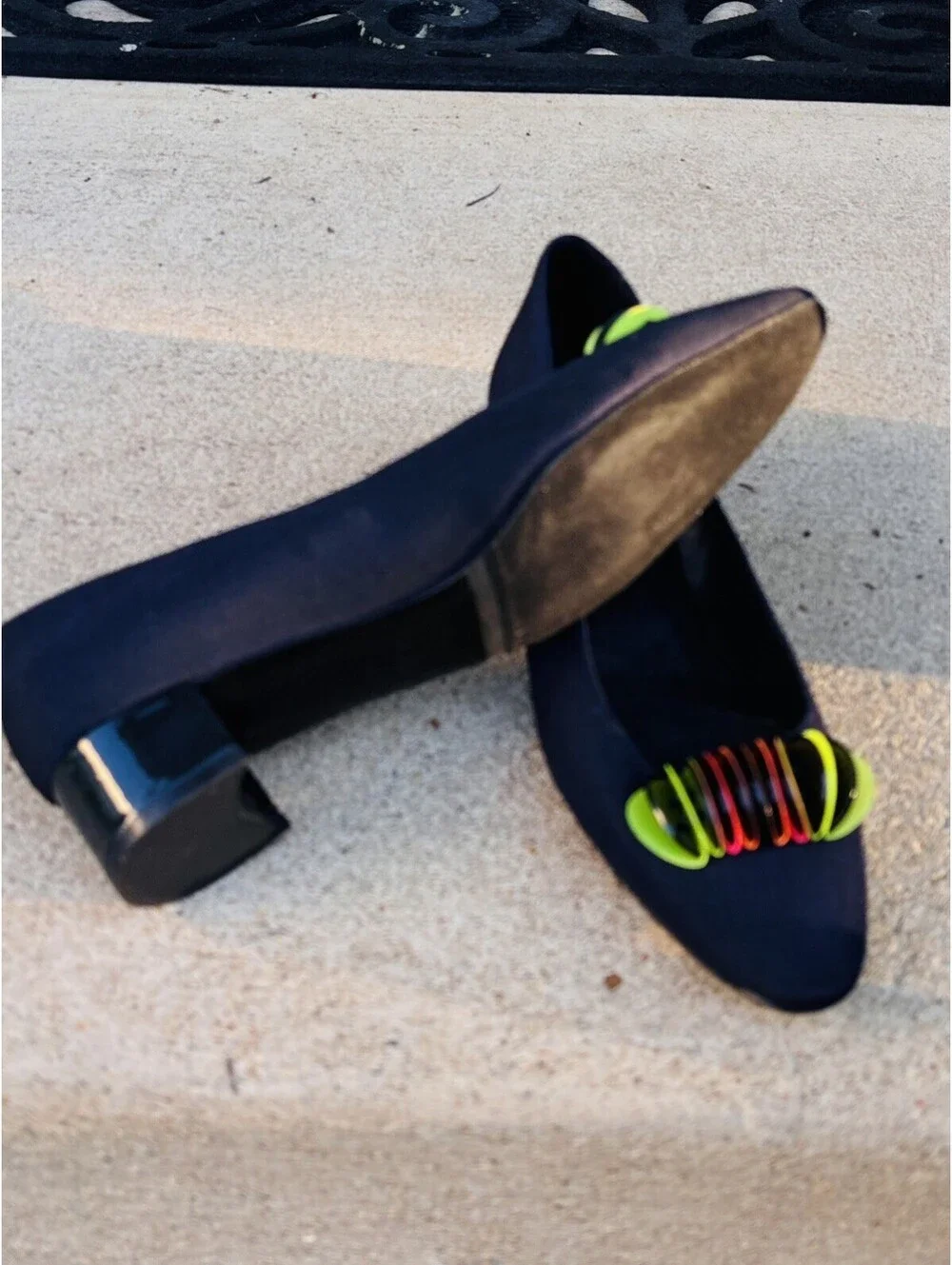 Vaneli Womens Navy Pumps Colorful Embellished Toe Block Heel Dress Shoes size 8